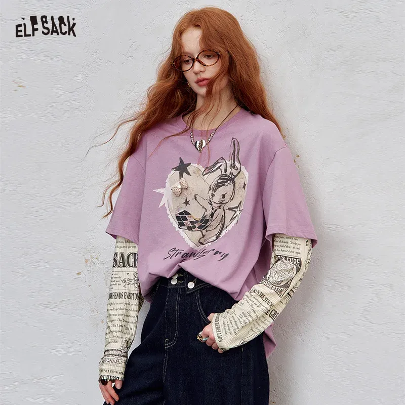 ELFSACK Y2K Oversized Faux Two-Piece Long Sleeve Tee