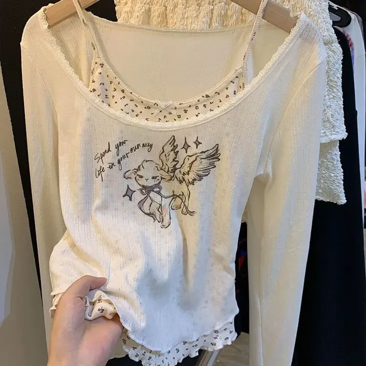 SITMCF Y2K Lace Patchwork Slim Long-Sleeve Top