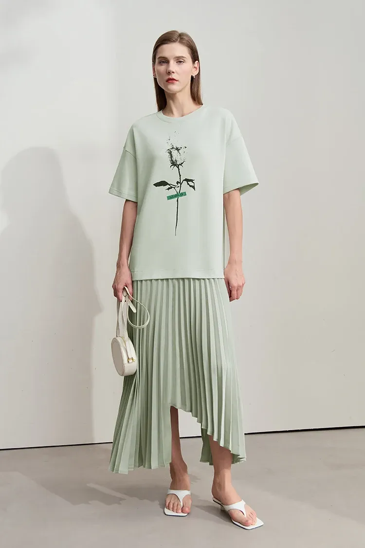 AMII O-Neck Pleated Mid-Calf Office Dress