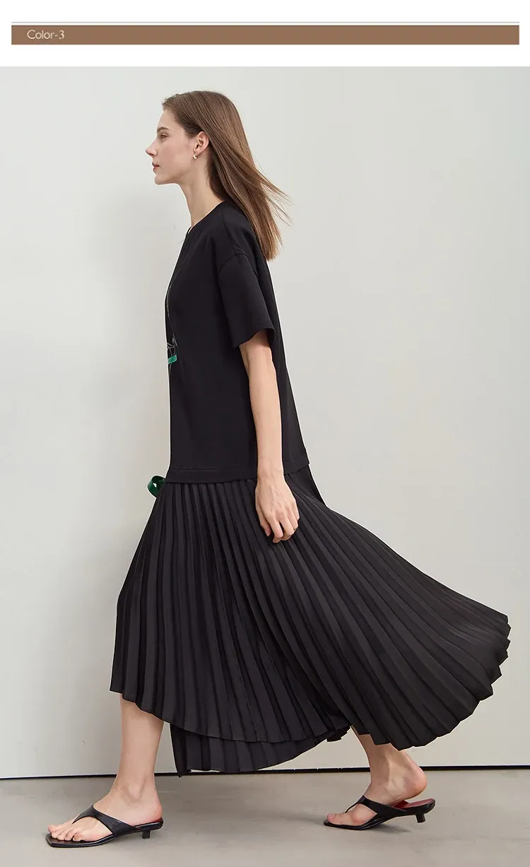 AMII O-Neck Pleated Mid-Calf Office Dress