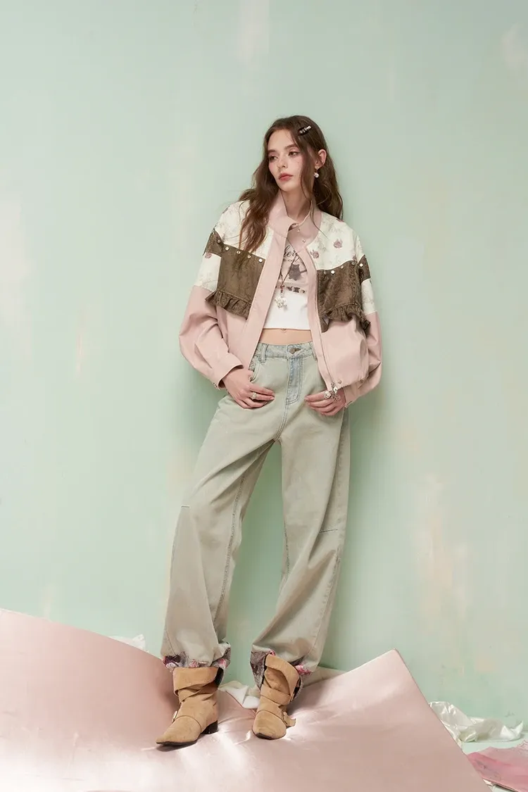 ELFSACK Patchwork Floral Ruffle Cropped Bomber Jacket