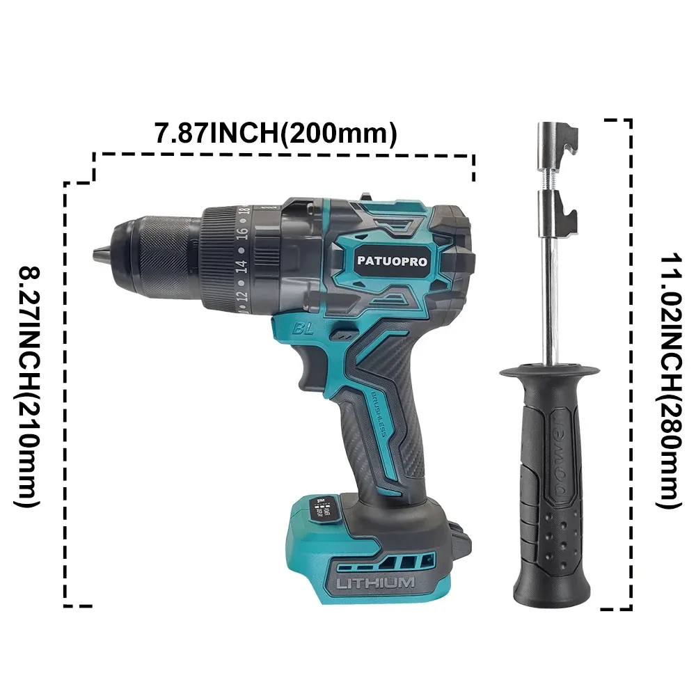 PATUOPRO 13mm Brushless Cordless Impact Drill for Makita 18V Batteries