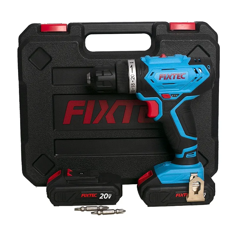 FIXTEC 20V Cordless Drill with 2 Batteries and 13-Piece Kit