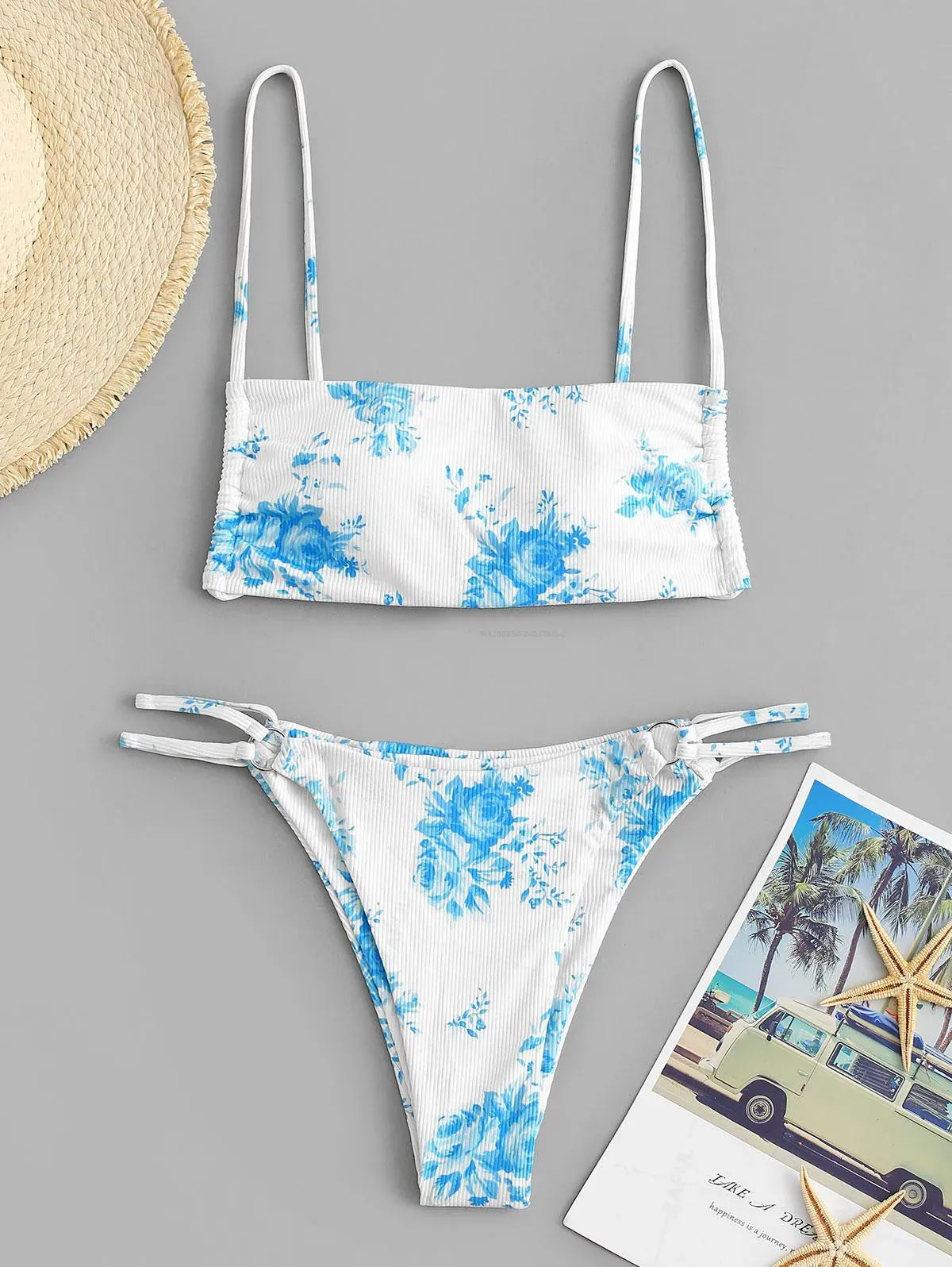 ZAFUL Rose Print High-Cut Bandeau Bikini Set