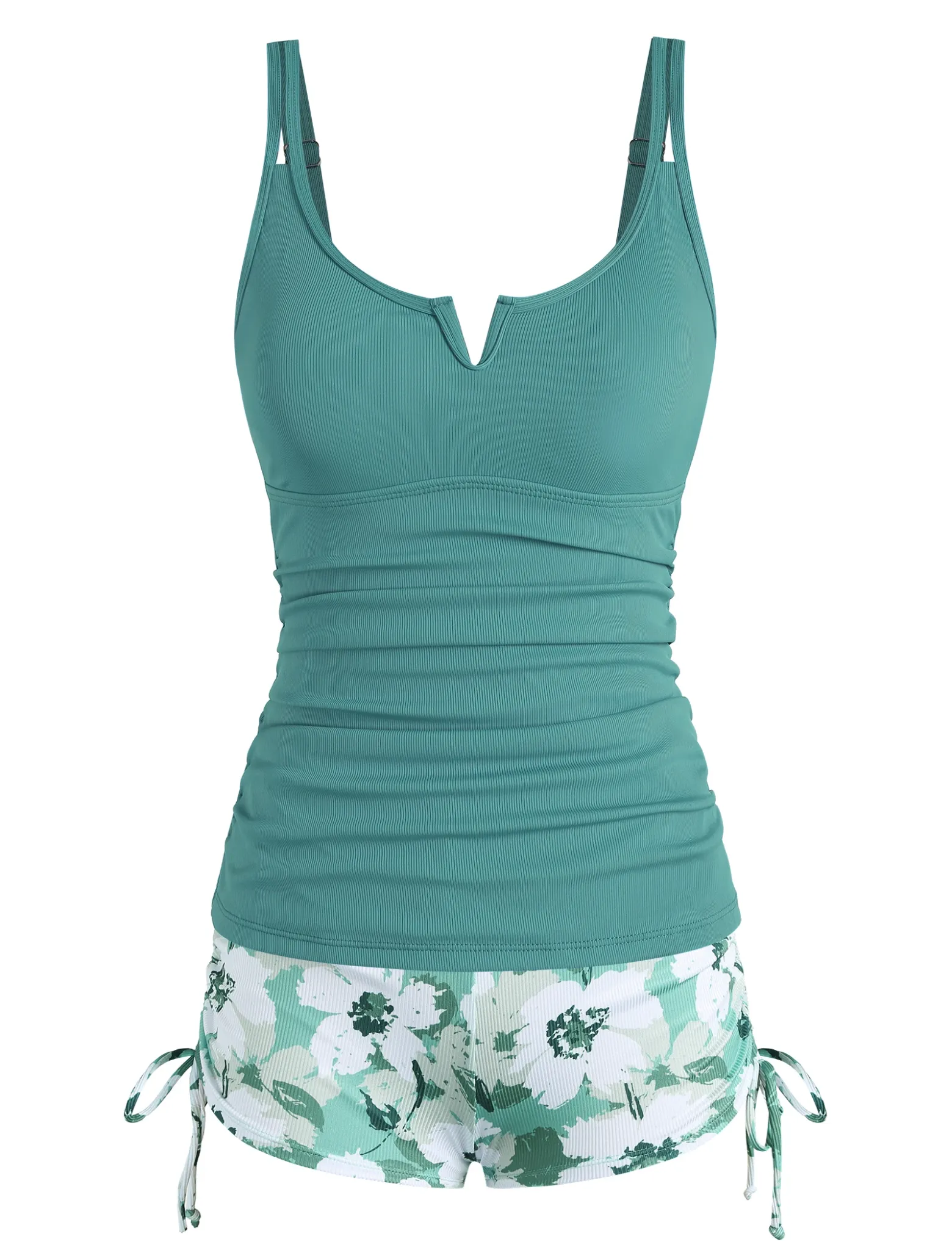 V-Wire Ruched Tankini Set with High-Waisted Shorts