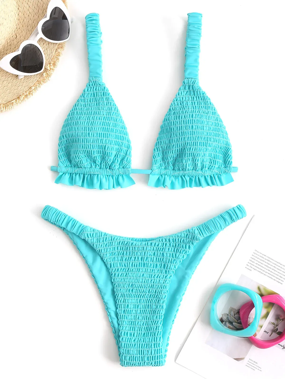 ZAFUL Smocked Frilled Triangle Bikini Set
