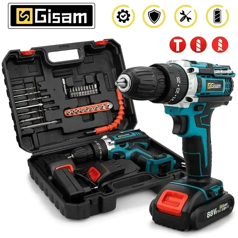 Gisam 21V Cordless Impact Screwdriver Drill with Dual Batteries