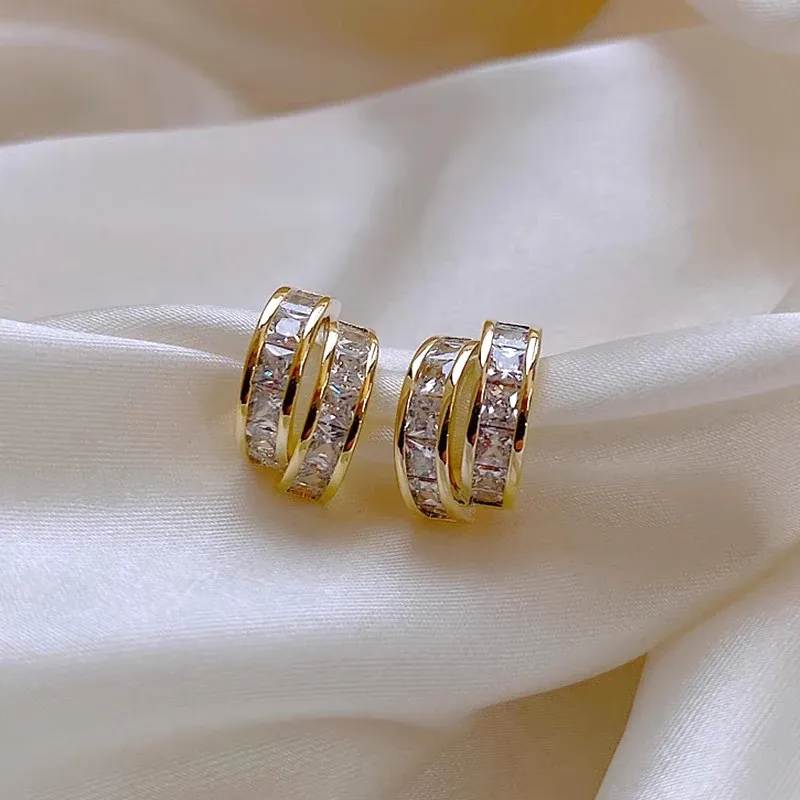 Huitan Gold-Tone Multi-Layer CZ Stud Earrings