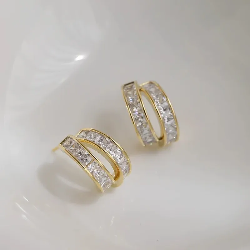 Huitan Gold-Tone Multi-Layer CZ Stud Earrings