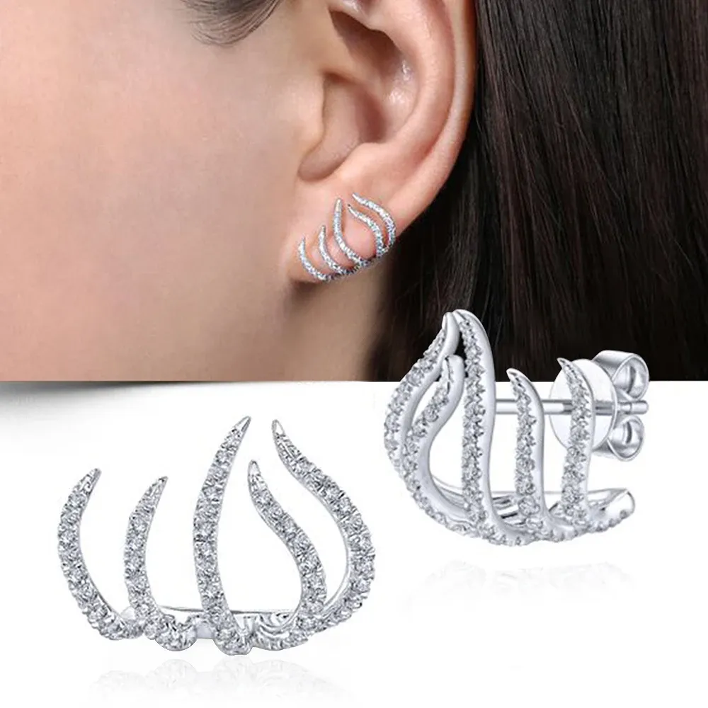Huitan Multilayer Claw CZ Stud Earrings in Silver Tone