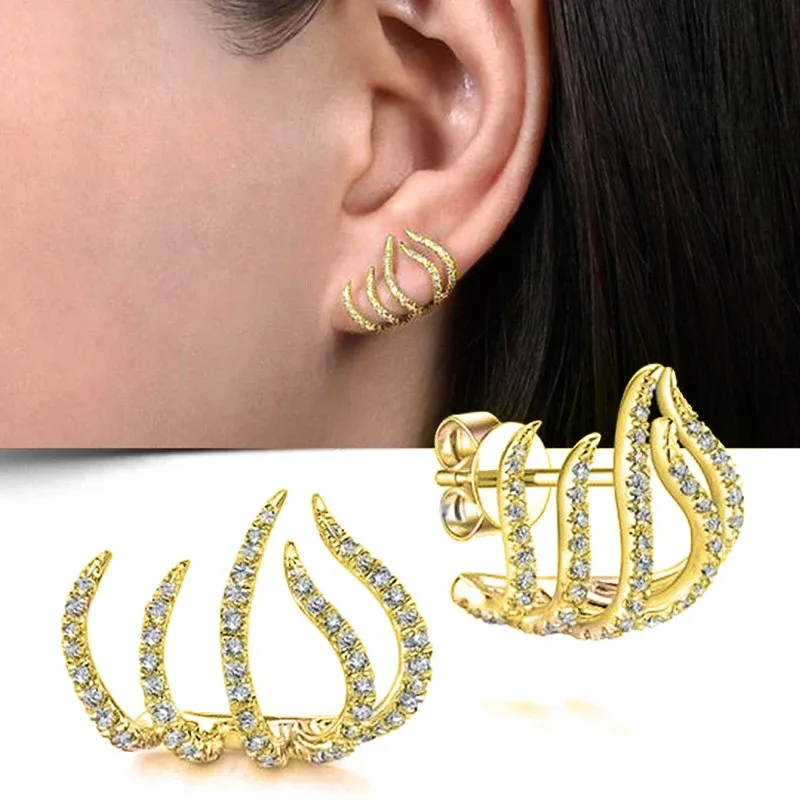 Huitan Multilayer Claw CZ Stud Earrings in Silver Tone