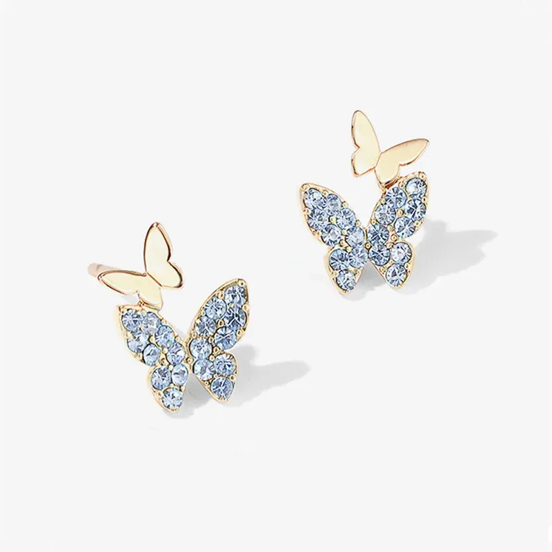 Huitan Butterfly CZ Stud Earrings in Gold Finish