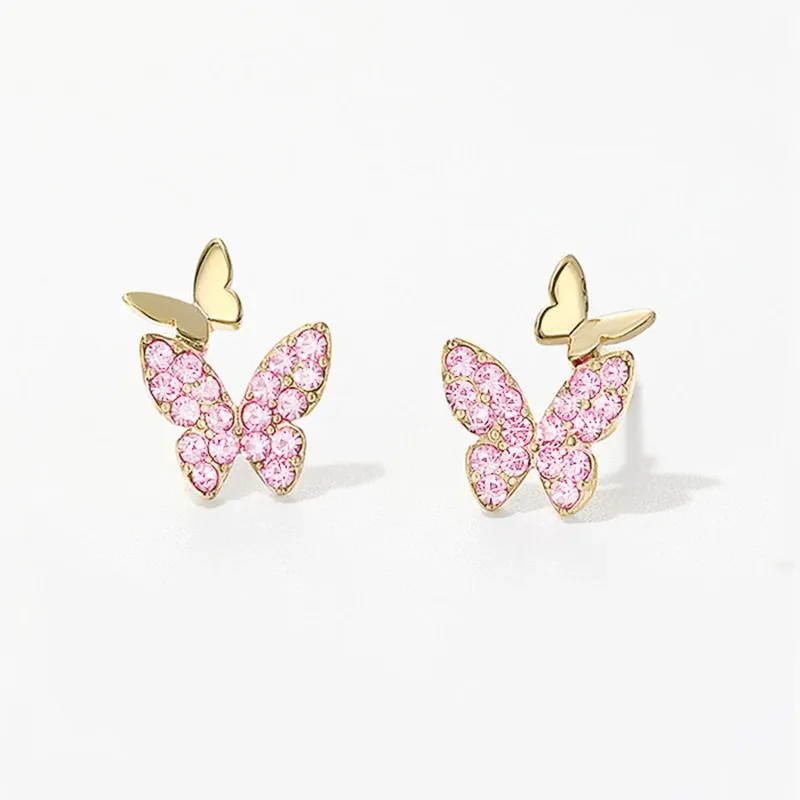 Huitan Butterfly CZ Stud Earrings in Gold Finish