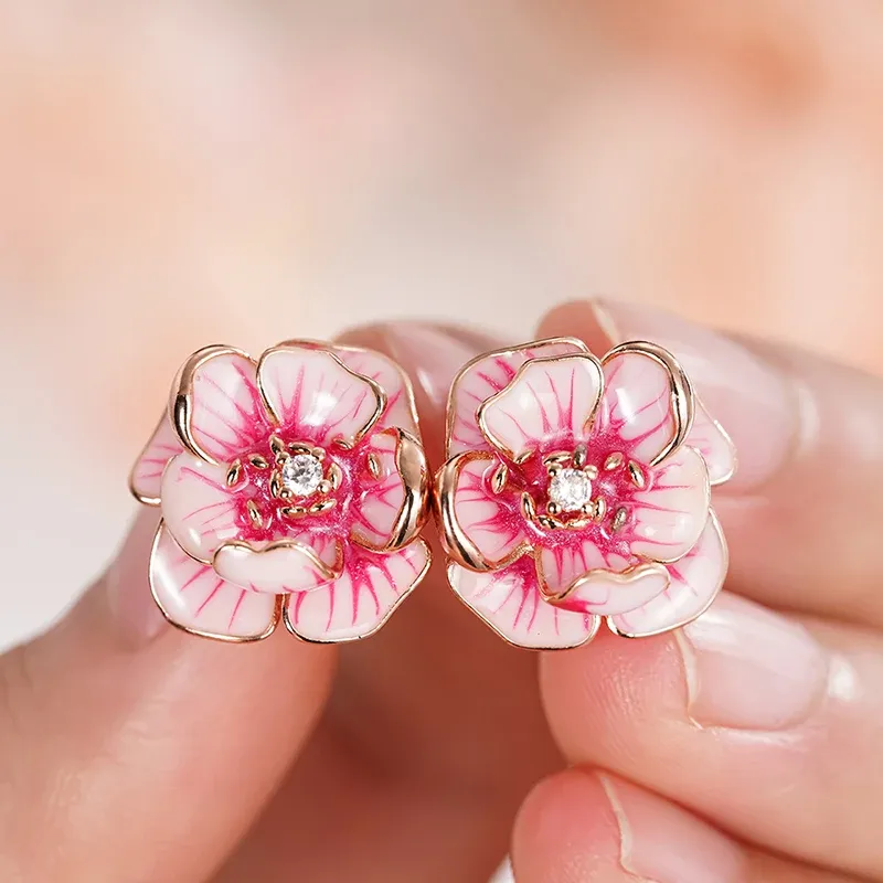Huitan Pink Flower CZ Stud Earrings
