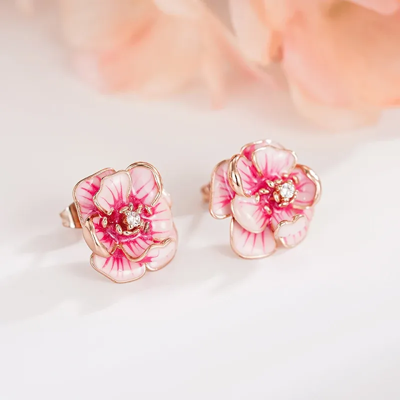 Huitan Pink Flower CZ Stud Earrings