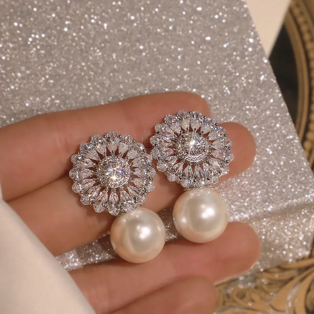 Huitan Pearl and CZ Stud Earrings for Evening Wear