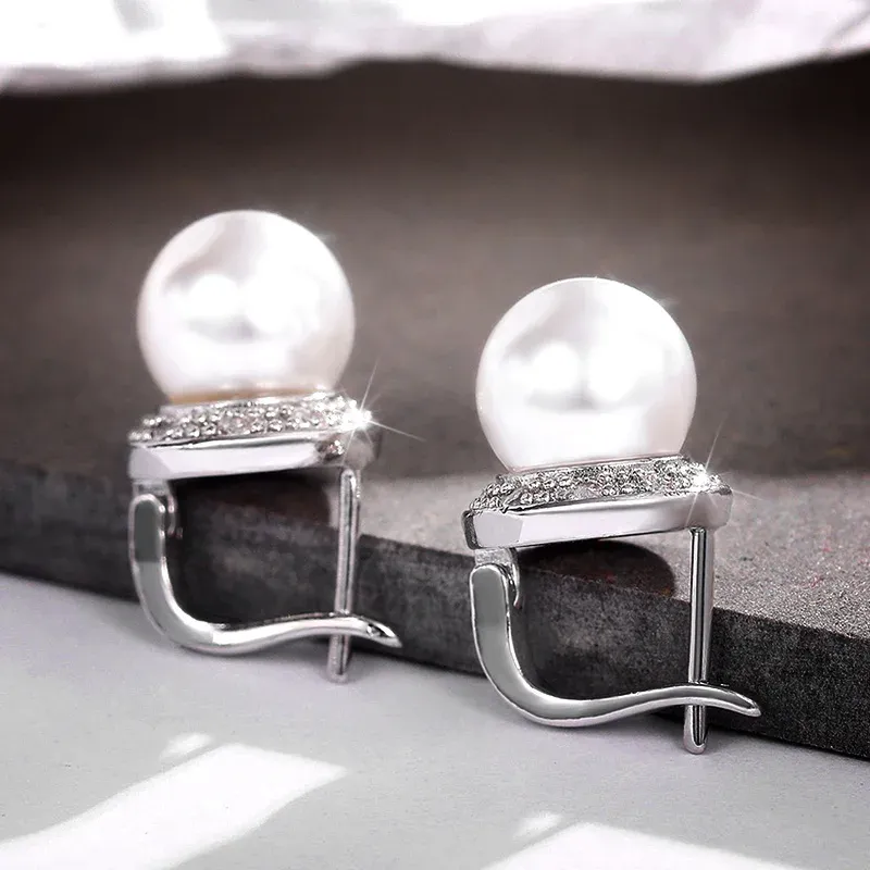 Huitan Silver Pearl Geometric Stud Earrings