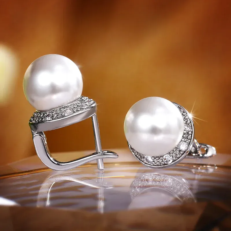 Huitan Silver Pearl Geometric Stud Earrings
