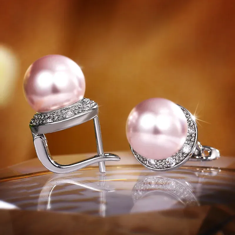 Huitan Silver Pearl Geometric Stud Earrings