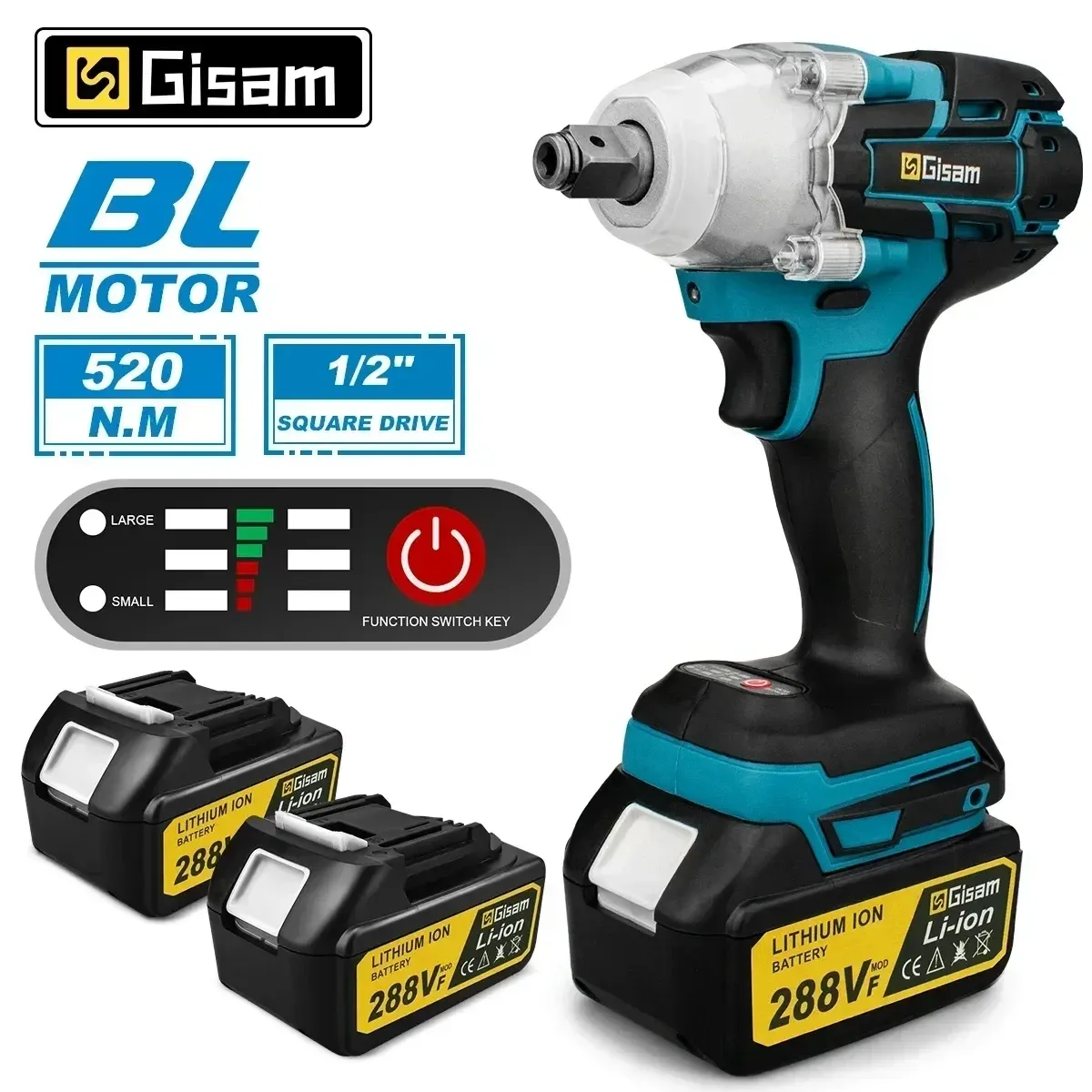 Gisam 520N·m Brushless 1/2-Inch Cordless Impact Wrench for Makita 18V Batteries