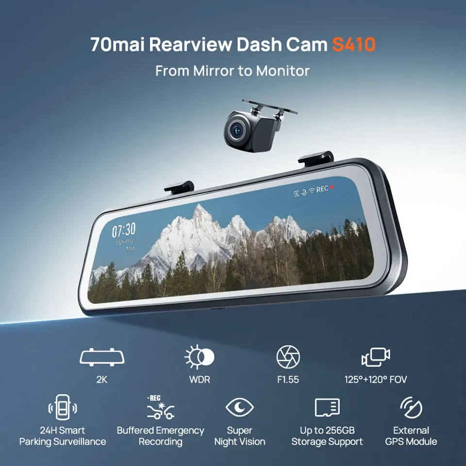 70mai S410 Mirror Dash Cam with 2K Front and Rear Recording