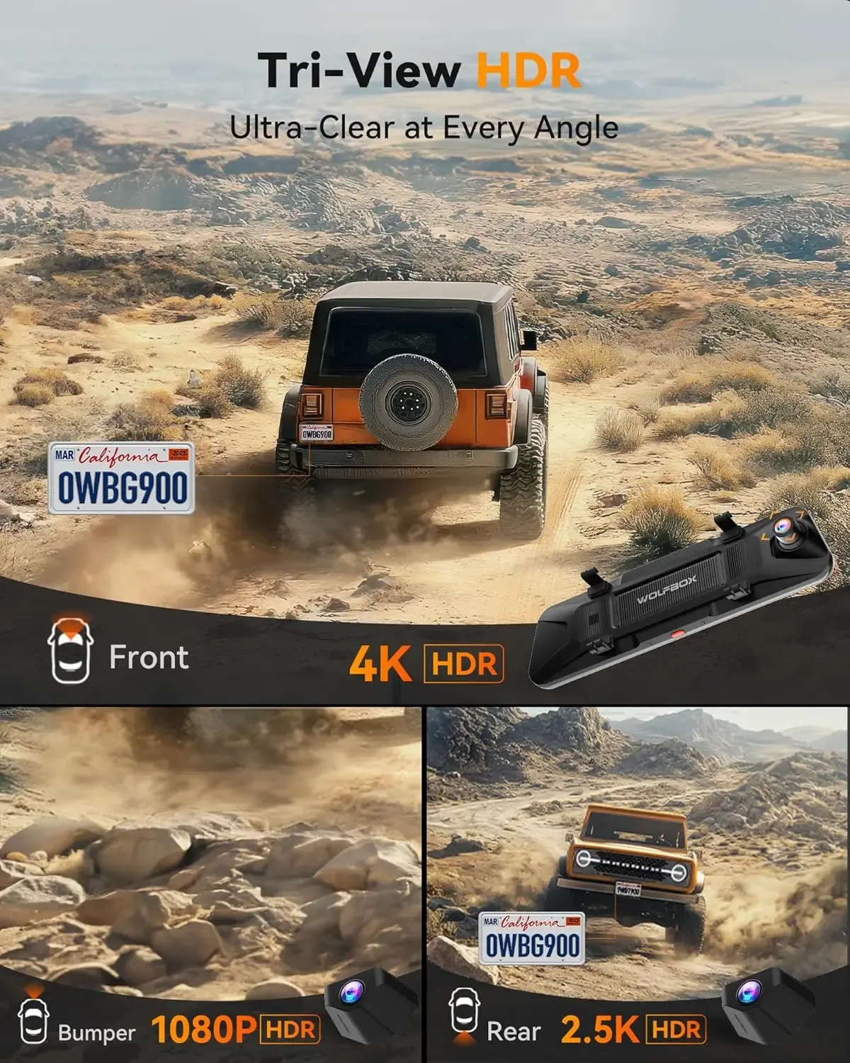 WOLFBOX G900 Tripro 3-Channel 4K Mirror Dash Cam