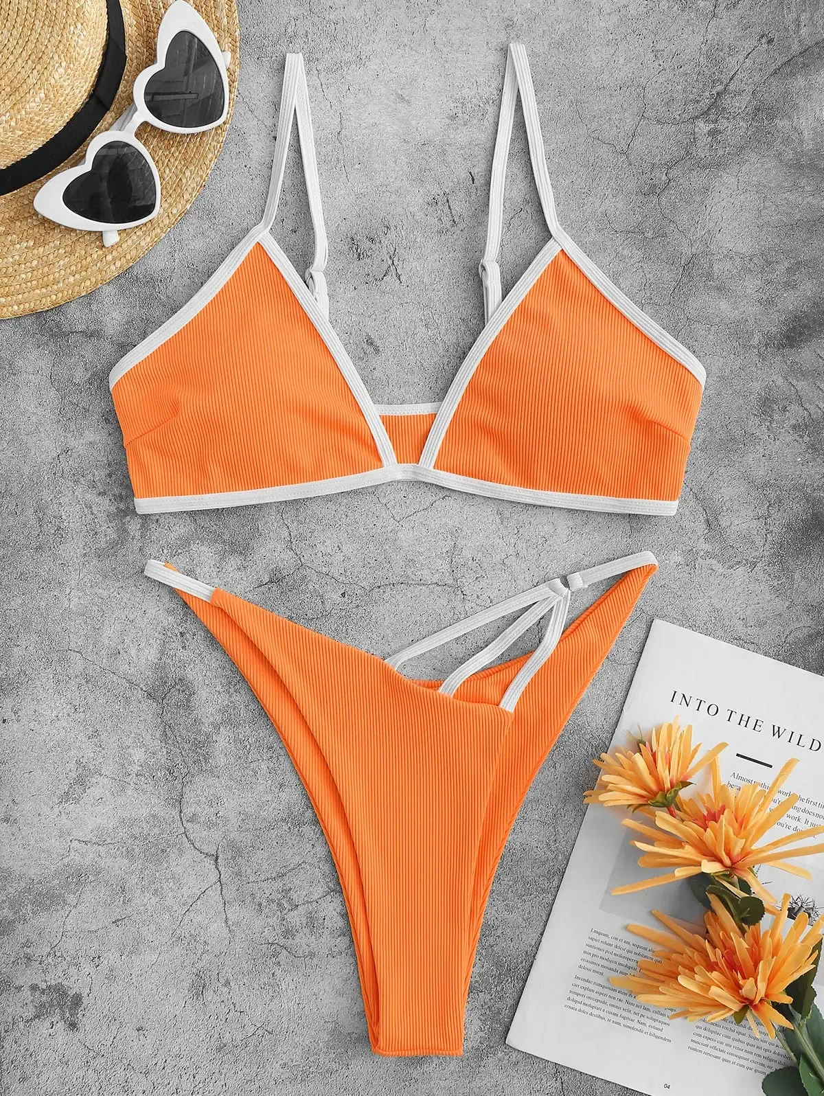 ZAFUL Contrast-Bind Ribbed Cheeky Bikini Set