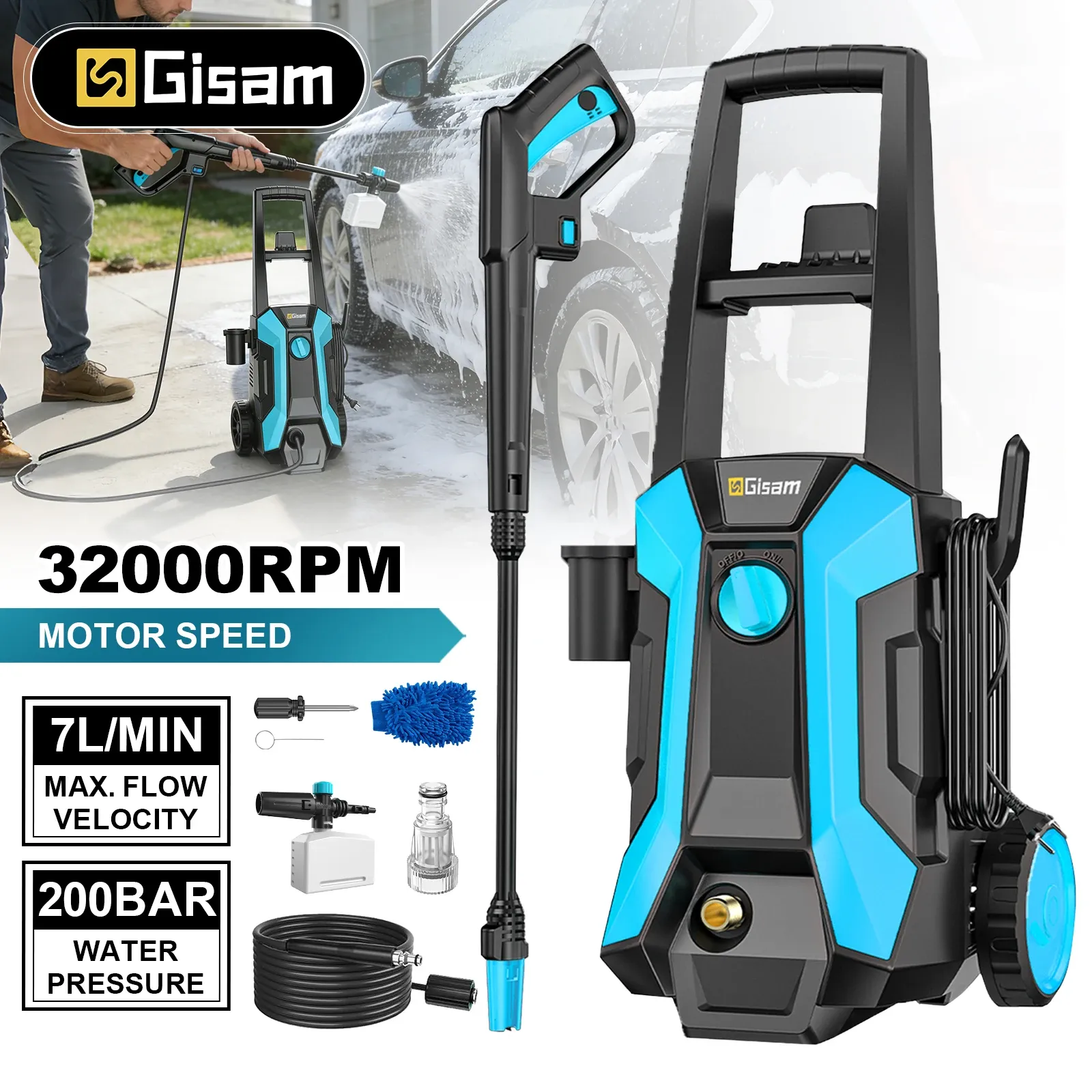 Gisam 200Bar 2200W Adjustable Electric Pressure Washer