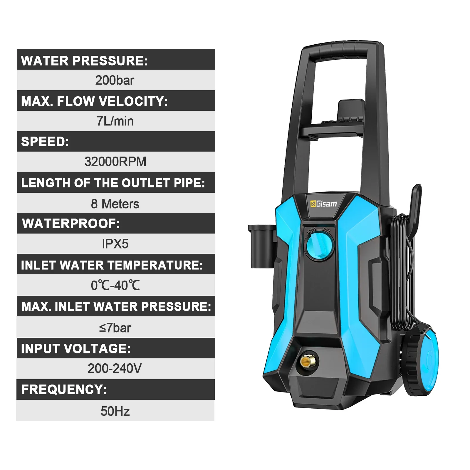 Gisam 200Bar 2200W Adjustable Electric Pressure Washer