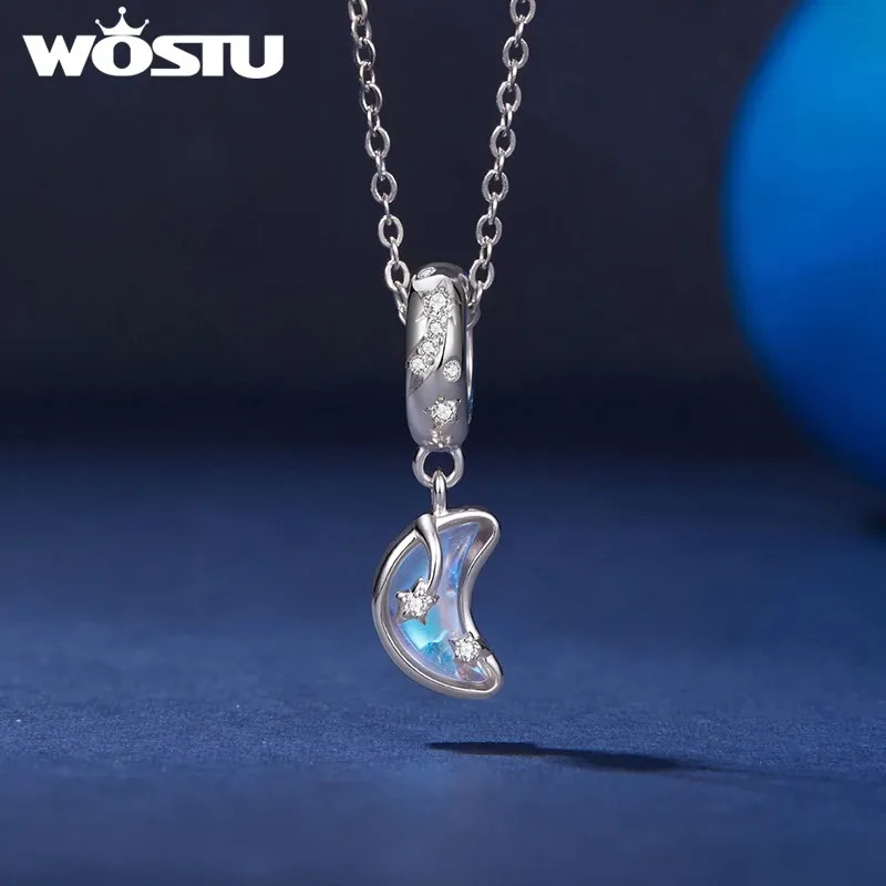 WOSTU Rainbow Moonstone Charm with Blue Glass Accent