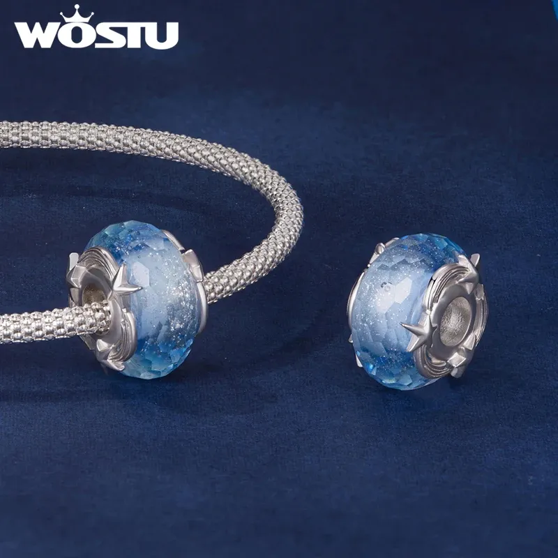 WOSTU Rainbow Moonstone Charm with Blue Glass Accent