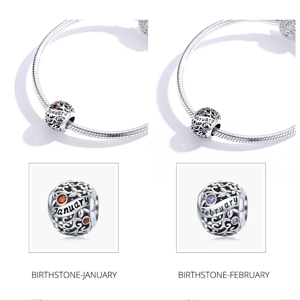 WOSTU Sterling Silver Birthstone Round Charm Bead