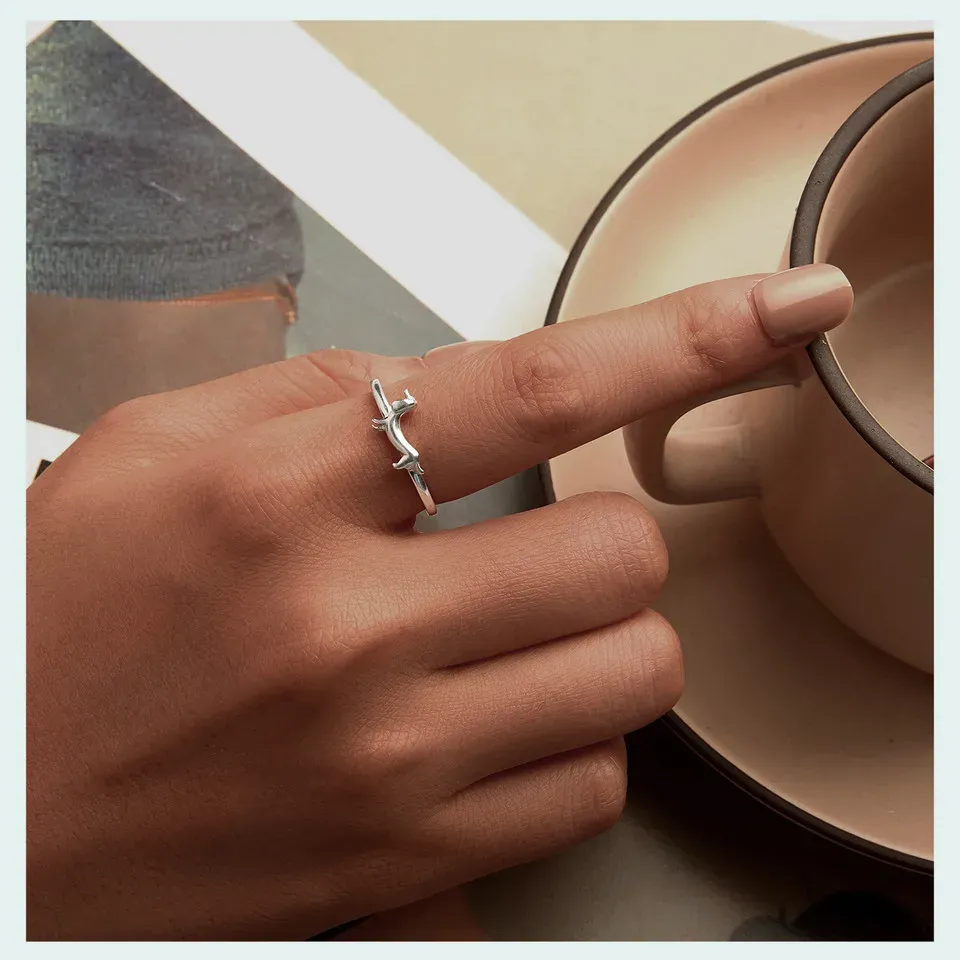 Bamoer 925 Sterling Silver Adjustable Cat and Dog Open Ring