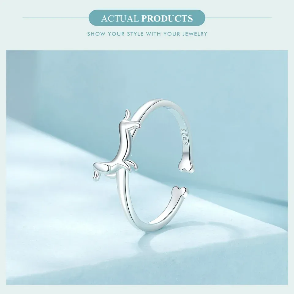 Bamoer 925 Sterling Silver Adjustable Cat and Dog Open Ring