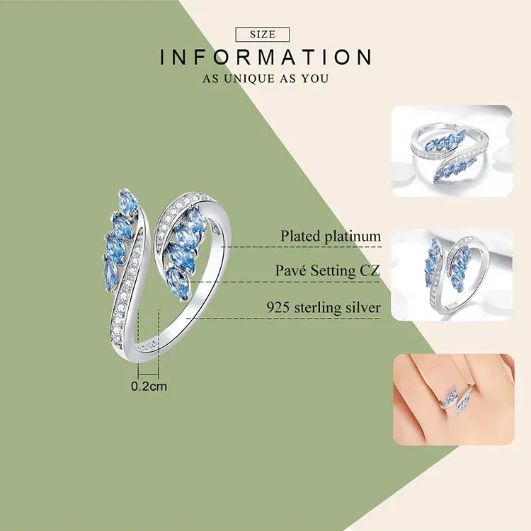 Bamoer Blue Zircon Open Sterling Silver Adjustable Ring