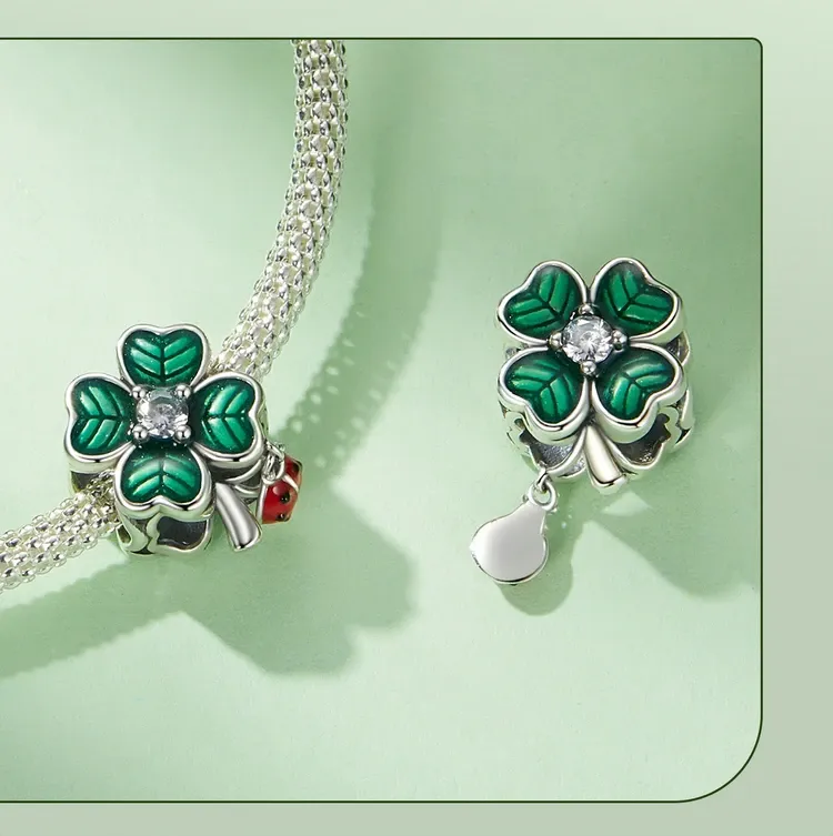 WOSTU Lucky Clover Sterling Silver Charm Bead with Ladybug Detail