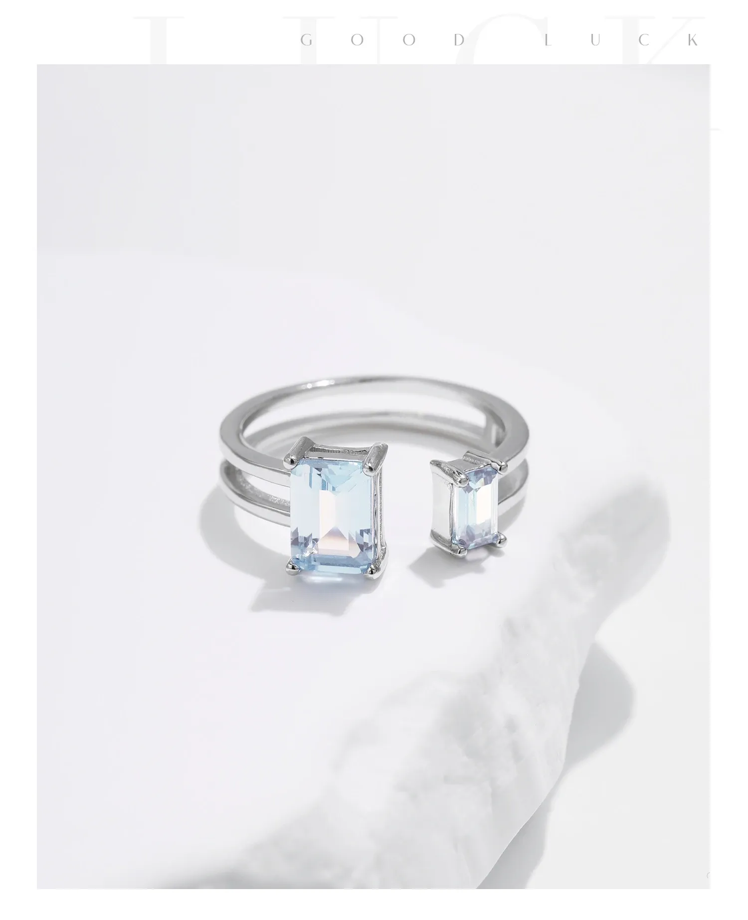 Modian 925 Sterling Silver Light Blue Emerald-Cut CZ Adjustable Ring