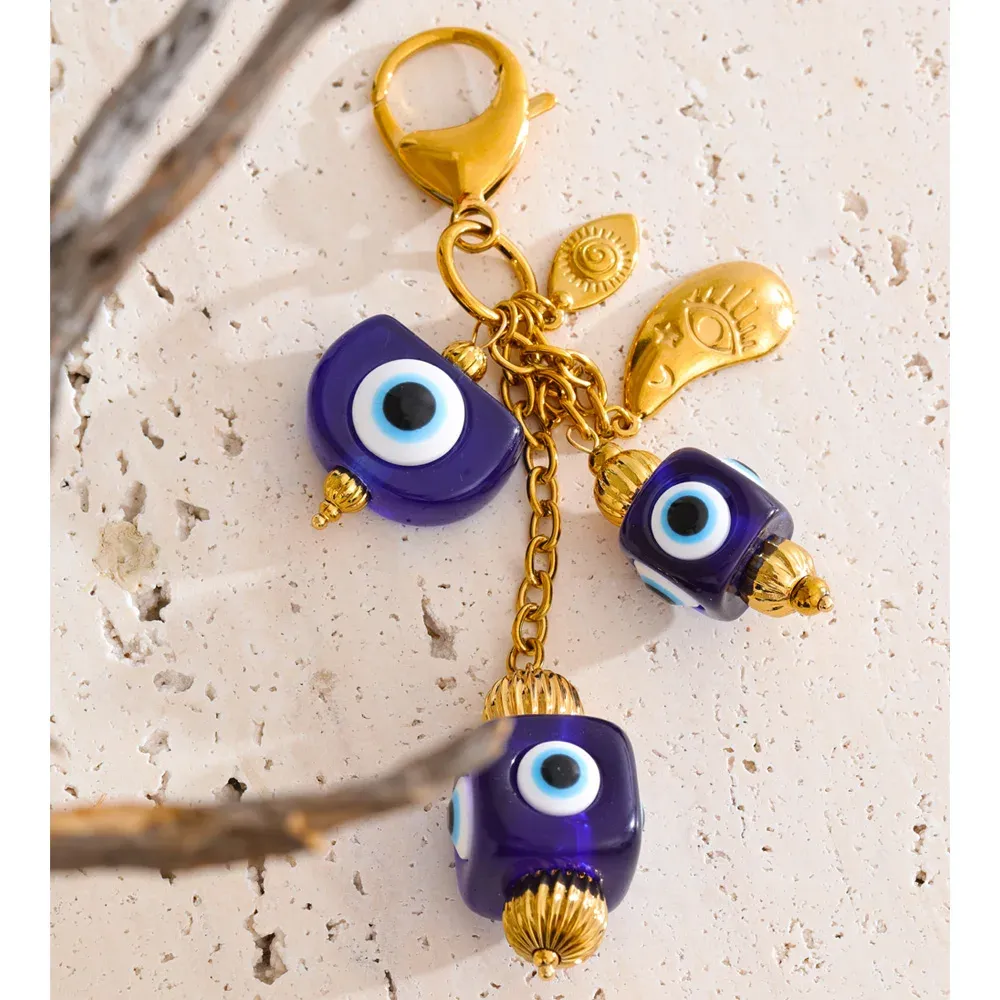 Yhpup Blue Resin Square Chain Keyring with Gold Finish