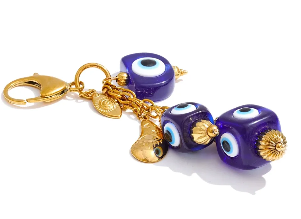 Yhpup Blue Resin Square Chain Keyring with Gold Finish