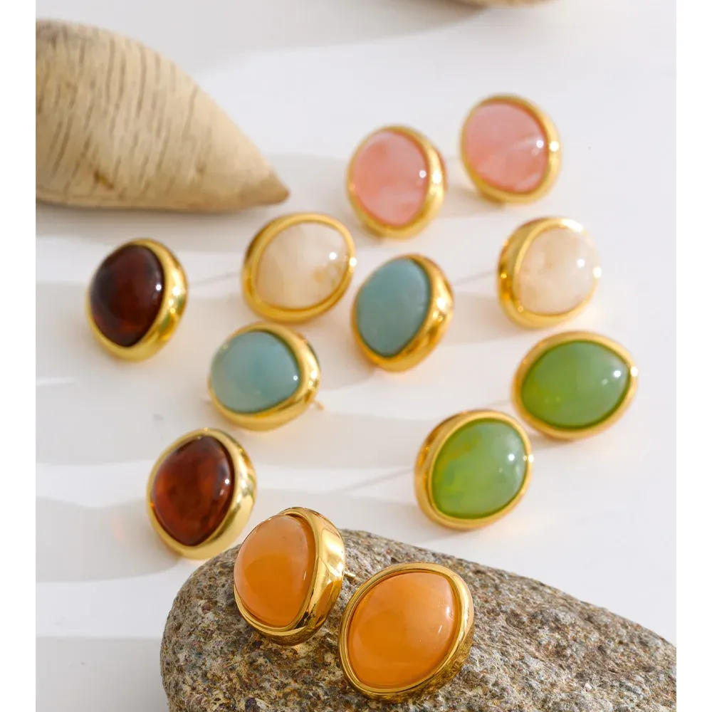 Yhpup Candy Oval Resin Stud Earrings in Gold-Tone Stainless Steel