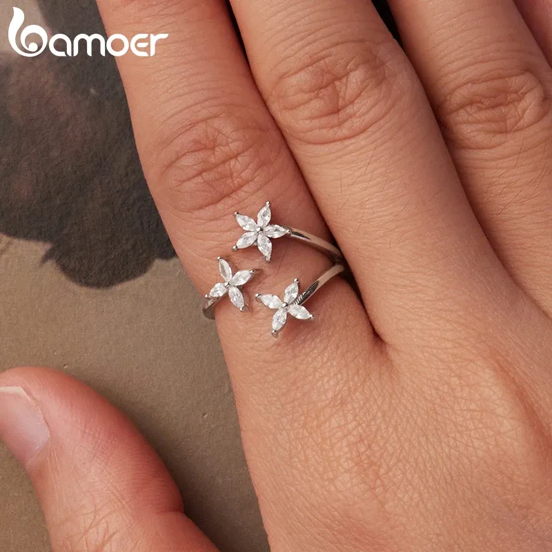 Bamoer Three-Flower Zircon Open Ring in 925 Sterling Silver