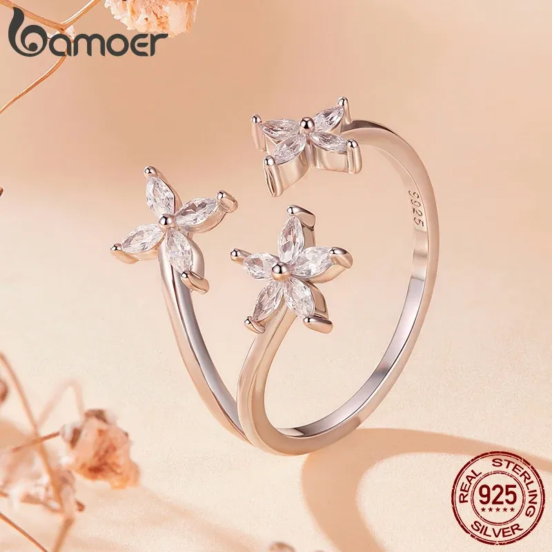 Bamoer Three-Flower Zircon Open Ring in 925 Sterling Silver