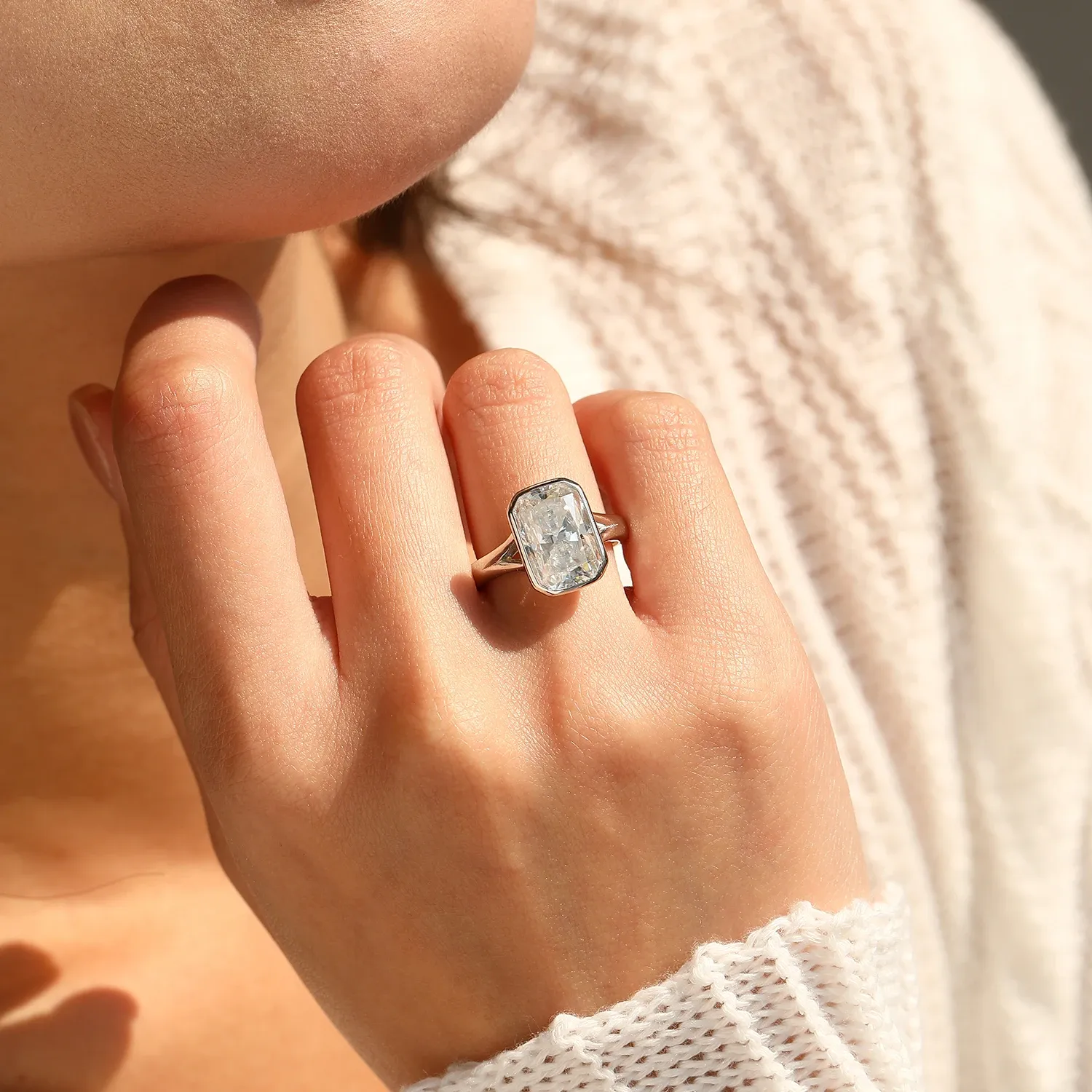 Modian 4.5CT Rectangle Moissanite Sterling Silver Ring