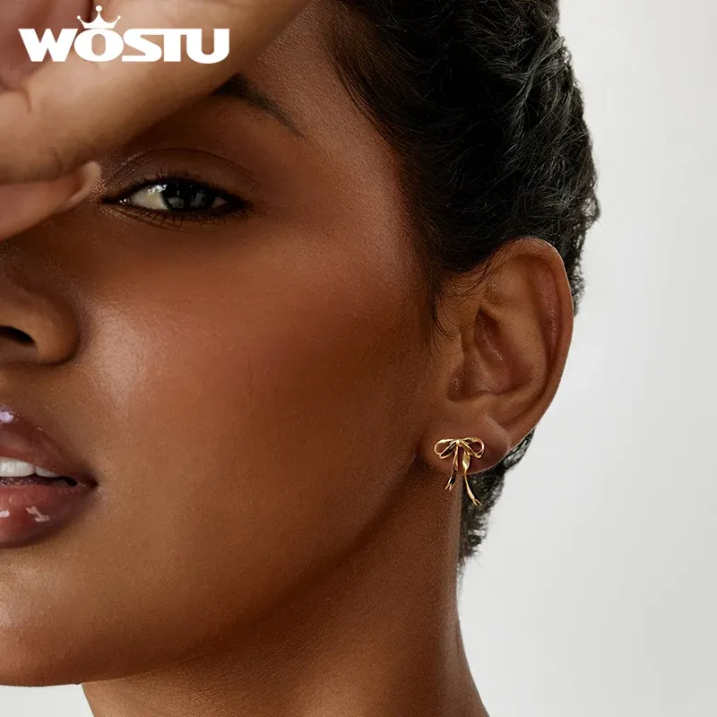 WOSTU Gold Bowknot Stud Earrings with Hypoallergenic Backing