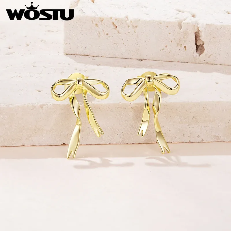 WOSTU Gold Bowknot Stud Earrings with Hypoallergenic Backing