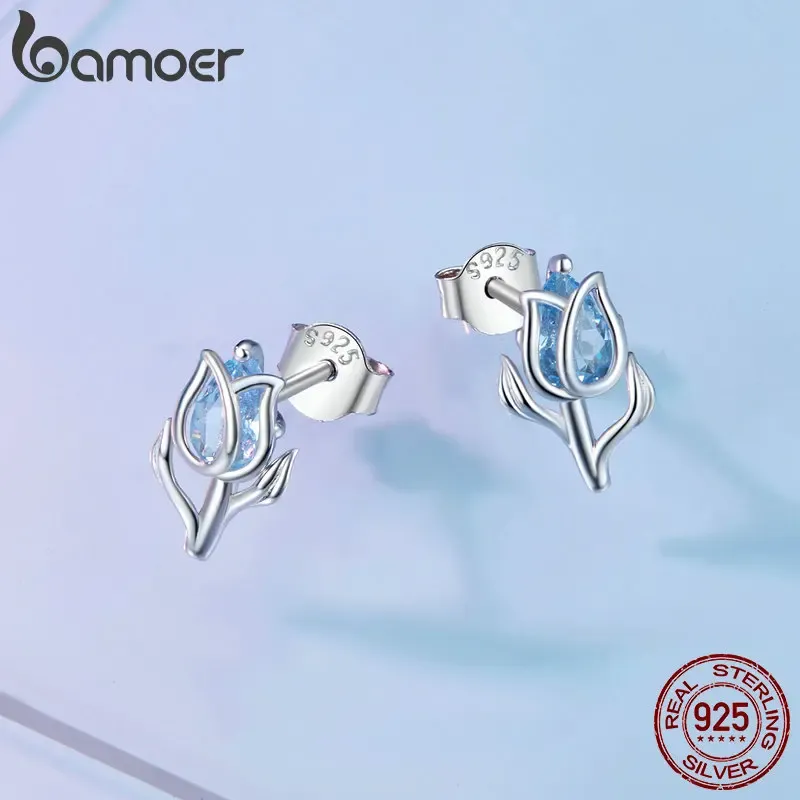 Bamoer Blue Zircon Tulip Sterling Silver Stud Earrings