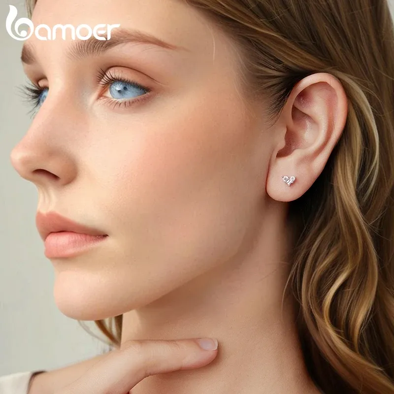 Bamoer Heart Zircon 925 Sterling Silver Stud Earrings
