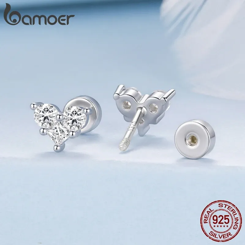 Bamoer Heart Zircon 925 Sterling Silver Stud Earrings