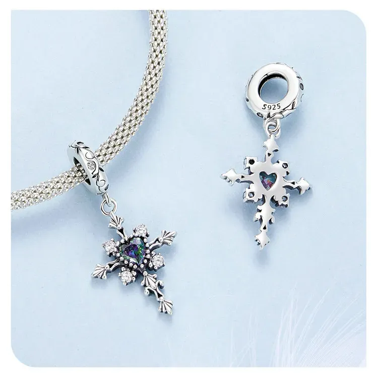 WOSTU Vintage Heart Cross Silver Charm Bead for Bracelets