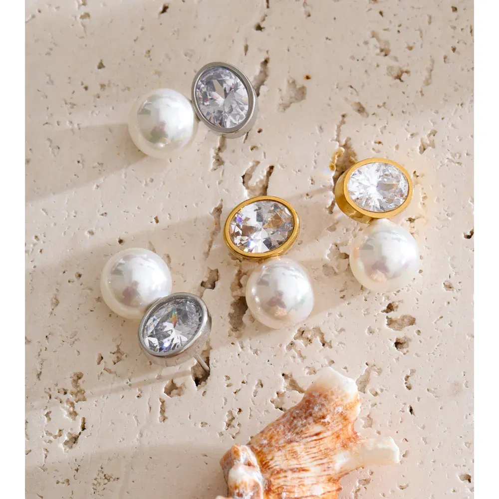 Yhpup Gold-Tone Zircon Pearl Round Stud Earrings